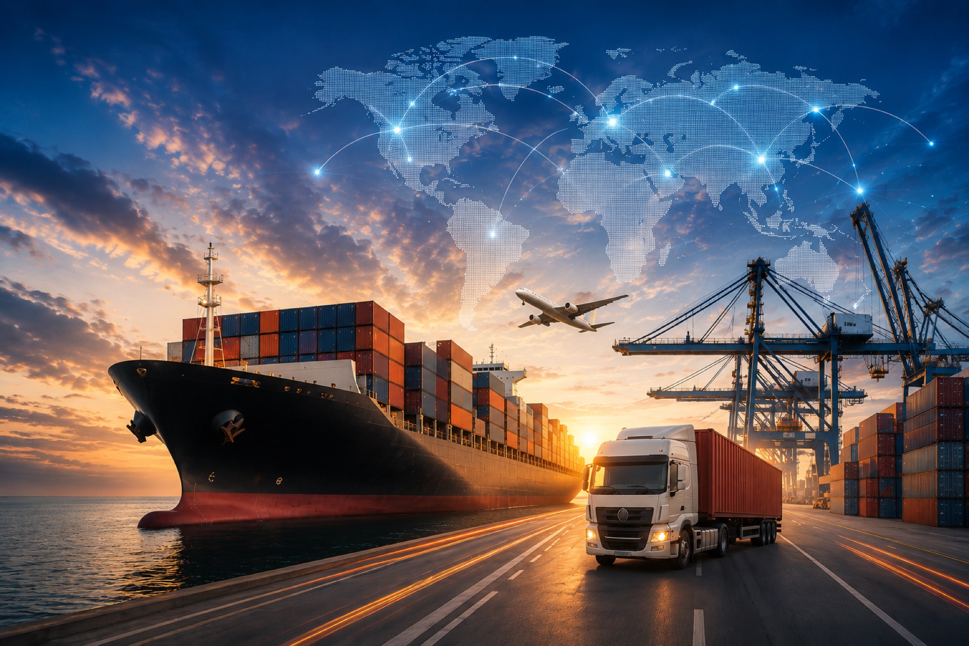 Container ship, truck, and global logistics network at golden hour — representing BZS LLC's worldwide trade operations